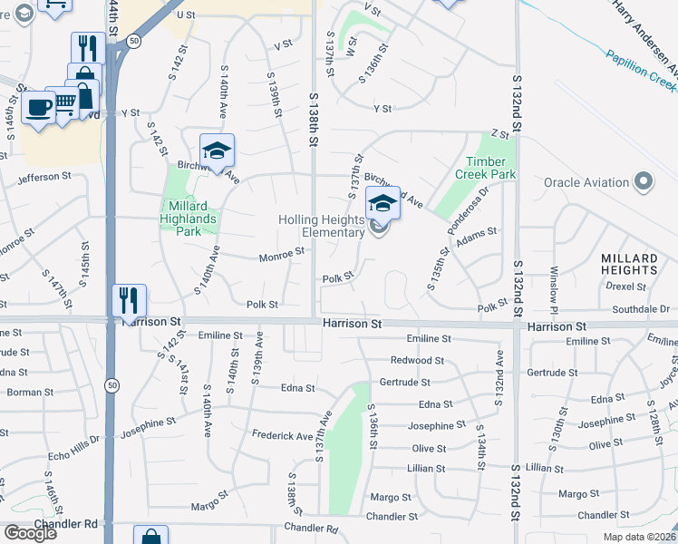 map of restaurants, bars, coffee shops, grocery stores, and more near 6618 South 136th Street in Omaha