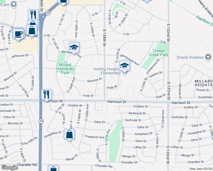 map of restaurants, bars, coffee shops, grocery stores, and more near 6624 South 137th Circle in Omaha