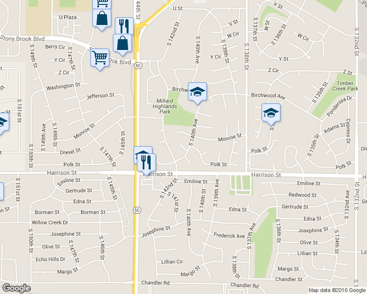 map of restaurants, bars, coffee shops, grocery stores, and more near 14068 Drexel Circle in Omaha