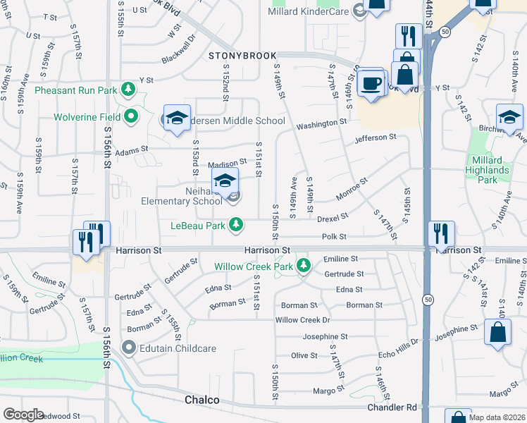 map of restaurants, bars, coffee shops, grocery stores, and more near 6512 South 150th Street in Omaha