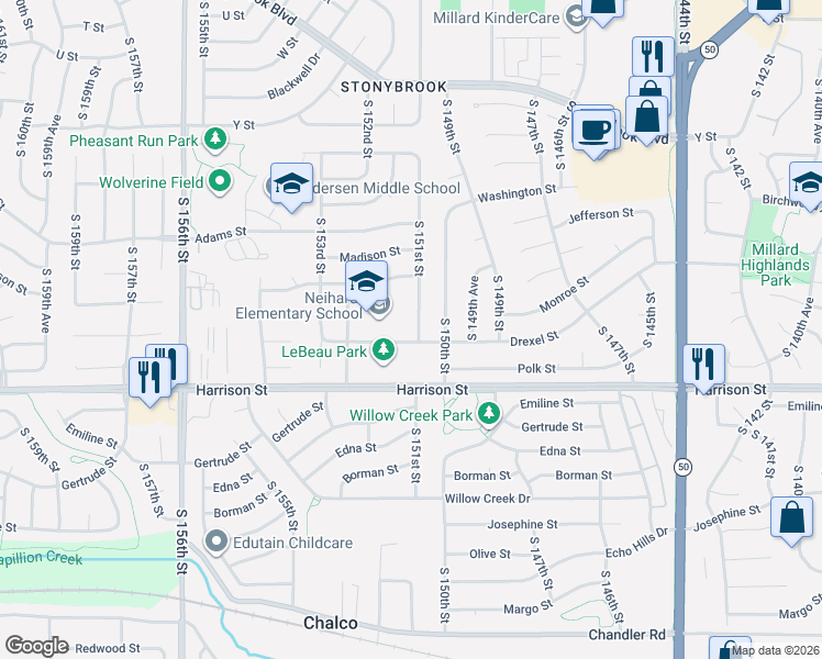 map of restaurants, bars, coffee shops, grocery stores, and more near 6632 South 151st Street in Omaha