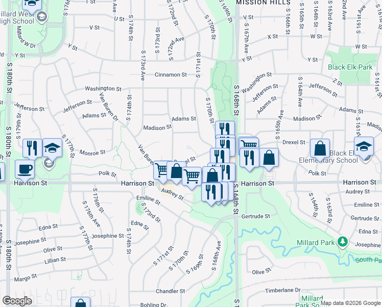map of restaurants, bars, coffee shops, grocery stores, and more near 6613 South 171st Circle in Omaha