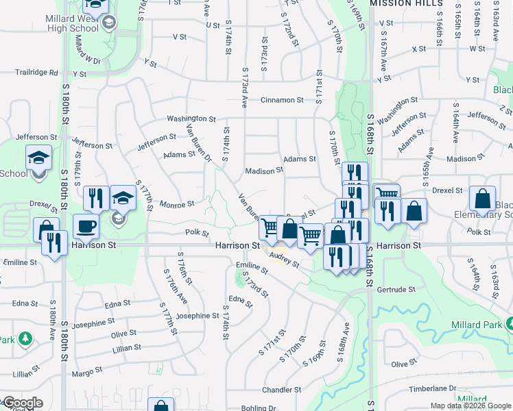 map of restaurants, bars, coffee shops, grocery stores, and more near 17321 Monroe Circle in Omaha