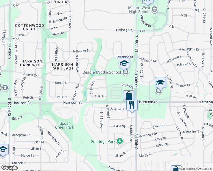 map of restaurants, bars, coffee shops, grocery stores, and more near 18305 Tyler Street in Omaha