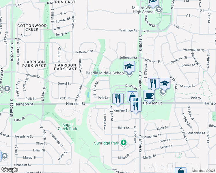 map of restaurants, bars, coffee shops, grocery stores, and more near 18305 Tyler Street in Omaha