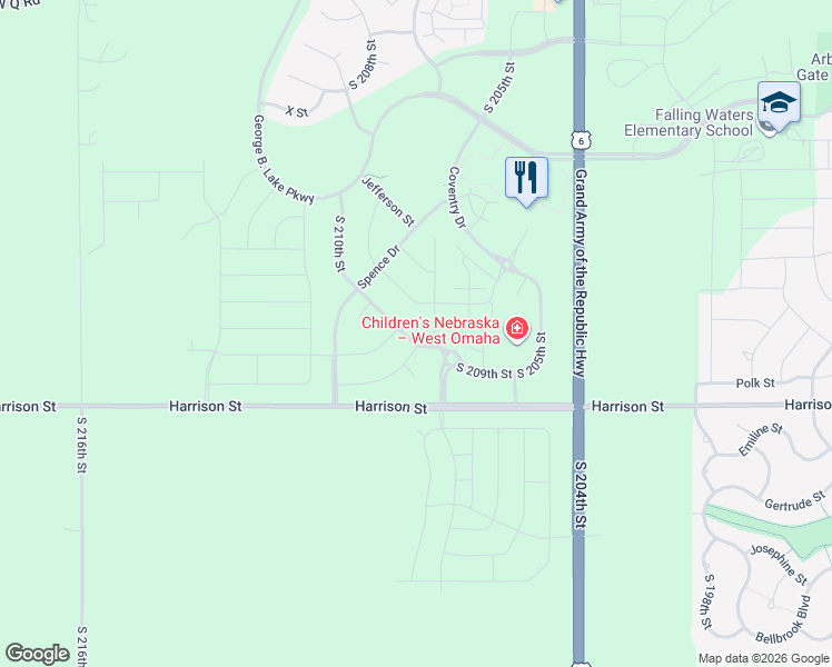 map of restaurants, bars, coffee shops, grocery stores, and more near 6711 South 209th Street in Omaha