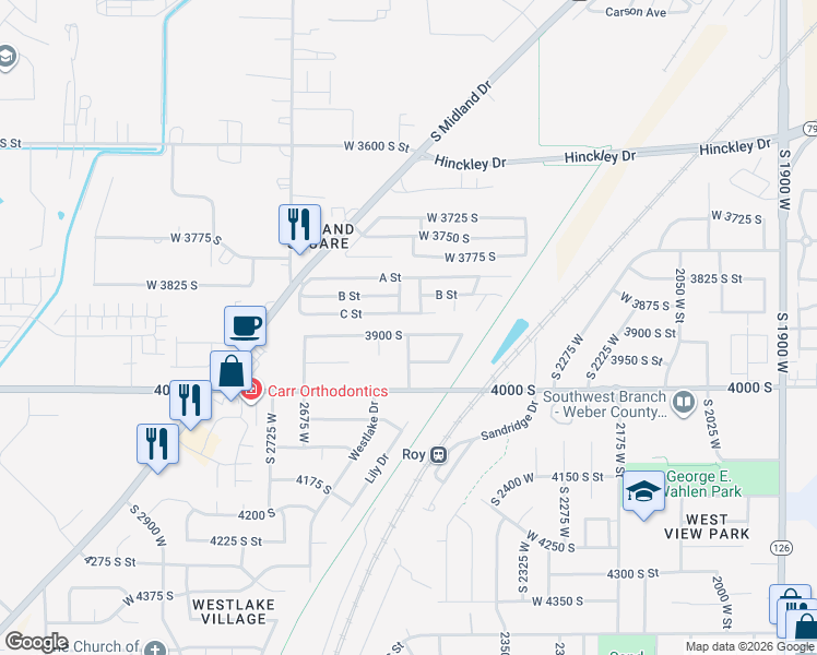 map of restaurants, bars, coffee shops, grocery stores, and more near 2602 3900 South in Roy