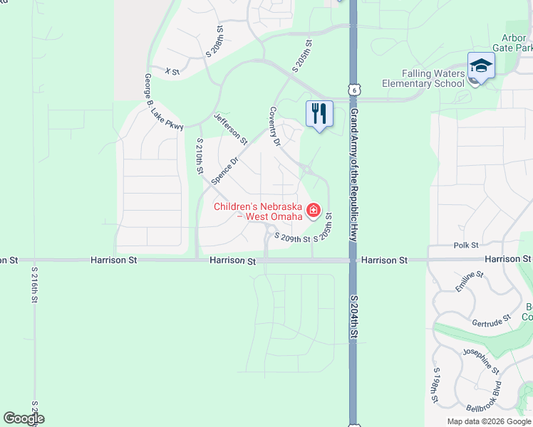 map of restaurants, bars, coffee shops, grocery stores, and more near 6711 South 209th Street in Omaha