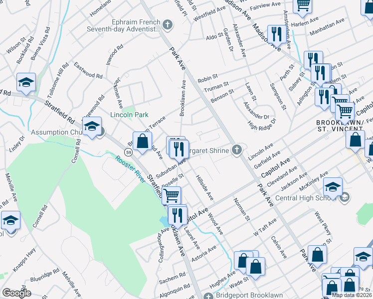 map of restaurants, bars, coffee shops, grocery stores, and more near 1258 Brooklawn Avenue in Fairfield