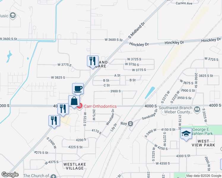 map of restaurants, bars, coffee shops, grocery stores, and more near 2626 3900 South in Roy