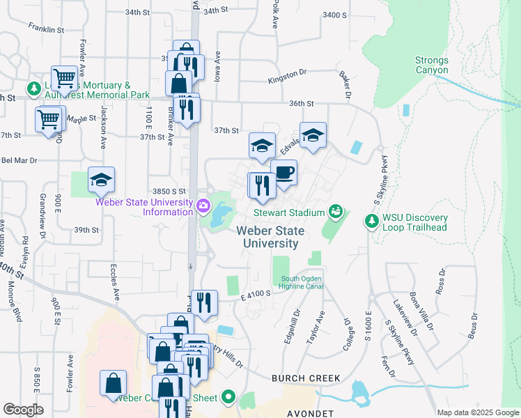 map of restaurants, bars, coffee shops, grocery stores, and more near 3902 Dixon Parkway in Ogden