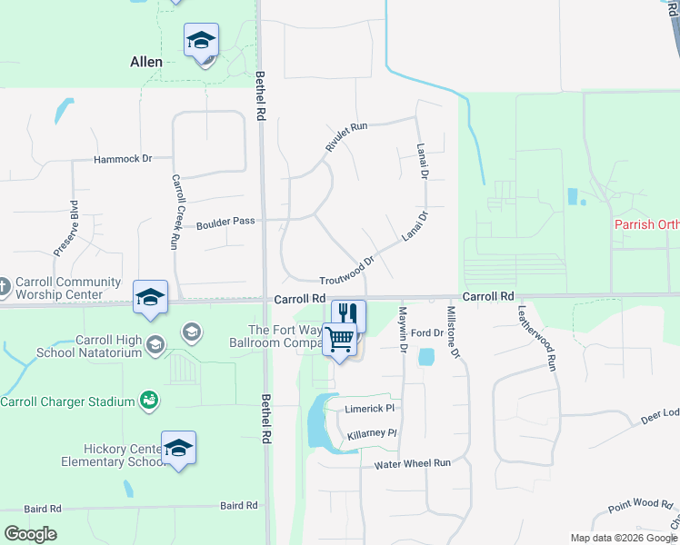 map of restaurants, bars, coffee shops, grocery stores, and more near 12015 Tapered Bank Run in Fort Wayne