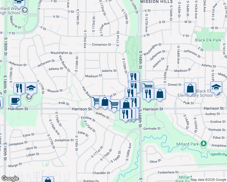 map of restaurants, bars, coffee shops, grocery stores, and more near 6613 South 171st Circle in Omaha