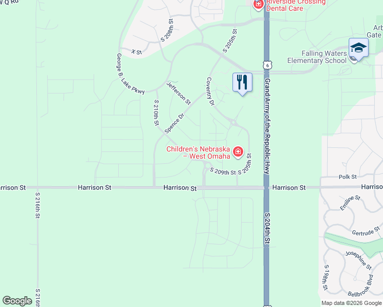 map of restaurants, bars, coffee shops, grocery stores, and more near 6711 South 209th Street in Douglas County