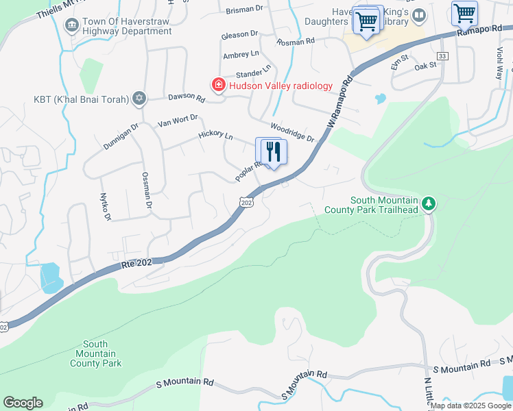 map of restaurants, bars, coffee shops, grocery stores, and more near 130 West Ramapo Road in Mount Ivy