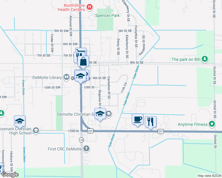 map of restaurants, bars, coffee shops, grocery stores, and more near 10th St in De Motte