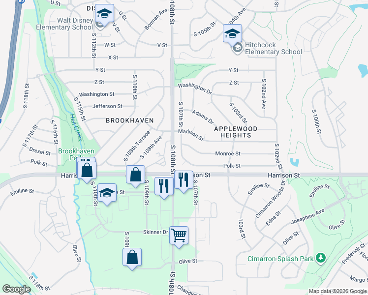 map of restaurants, bars, coffee shops, grocery stores, and more near 6518 South 107th Street in Omaha