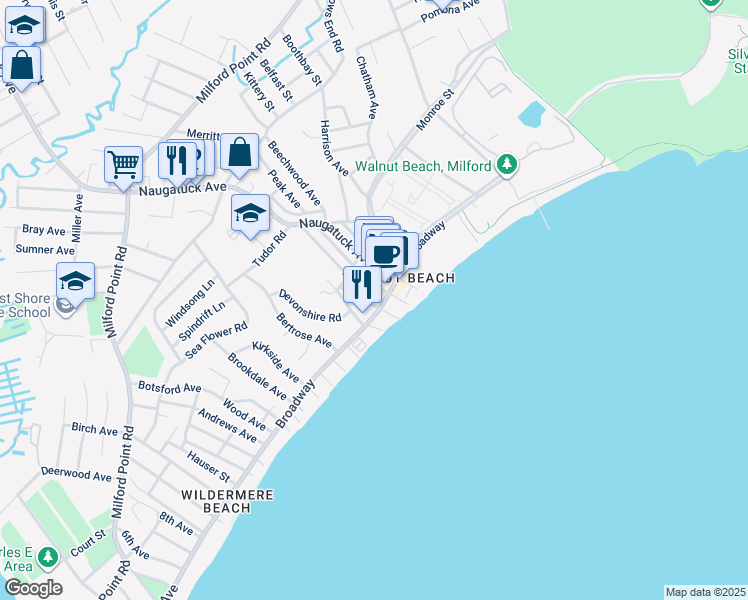 map of restaurants, bars, coffee shops, grocery stores, and more near 35 Laurel Avenue in Milford