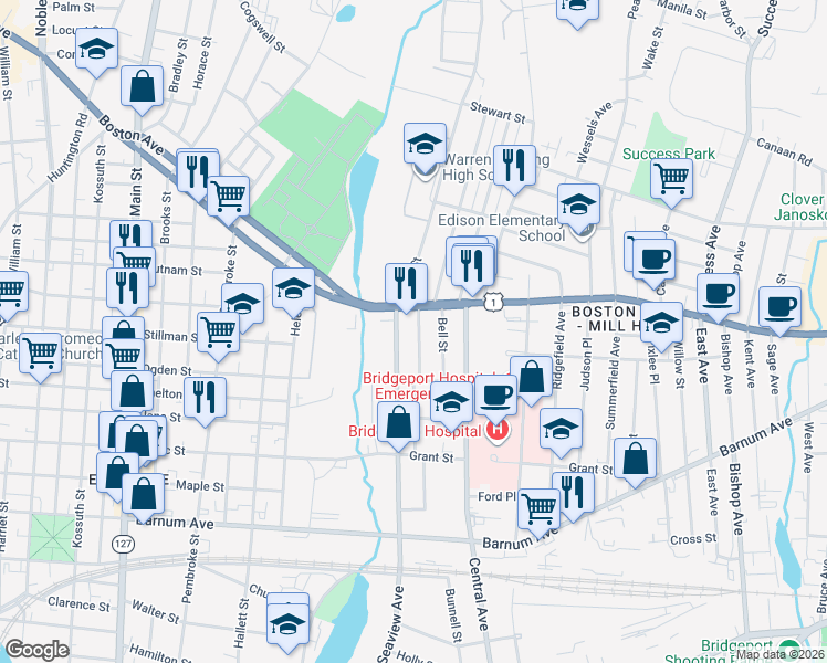map of restaurants, bars, coffee shops, grocery stores, and more near 1290 Boston Avenue in Bridgeport