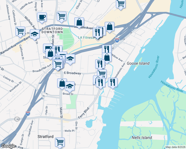 map of restaurants, bars, coffee shops, grocery stores, and more near 736 East Broadway in Stratford
