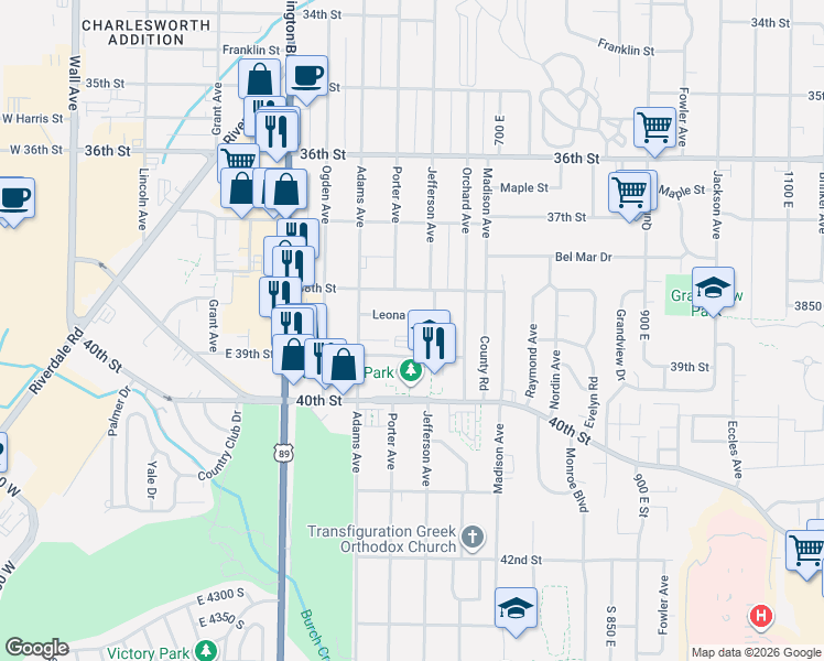 map of restaurants, bars, coffee shops, grocery stores, and more near 585 39th Street in South Ogden