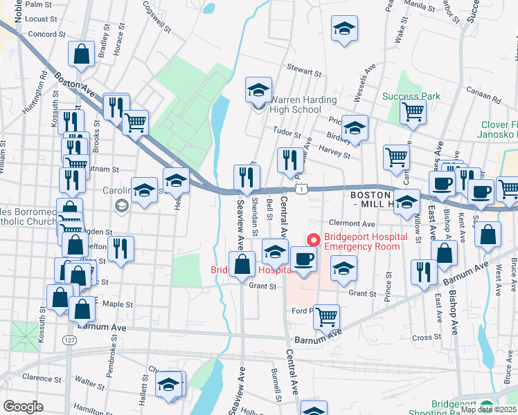map of restaurants, bars, coffee shops, grocery stores, and more near 123 Bell Street in Bridgeport