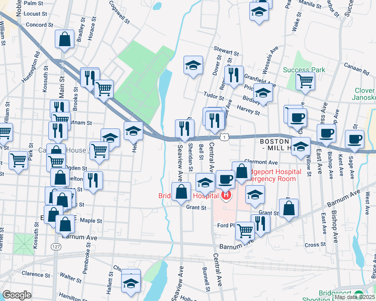 map of restaurants, bars, coffee shops, grocery stores, and more near 1290 Boston Avenue in Bridgeport