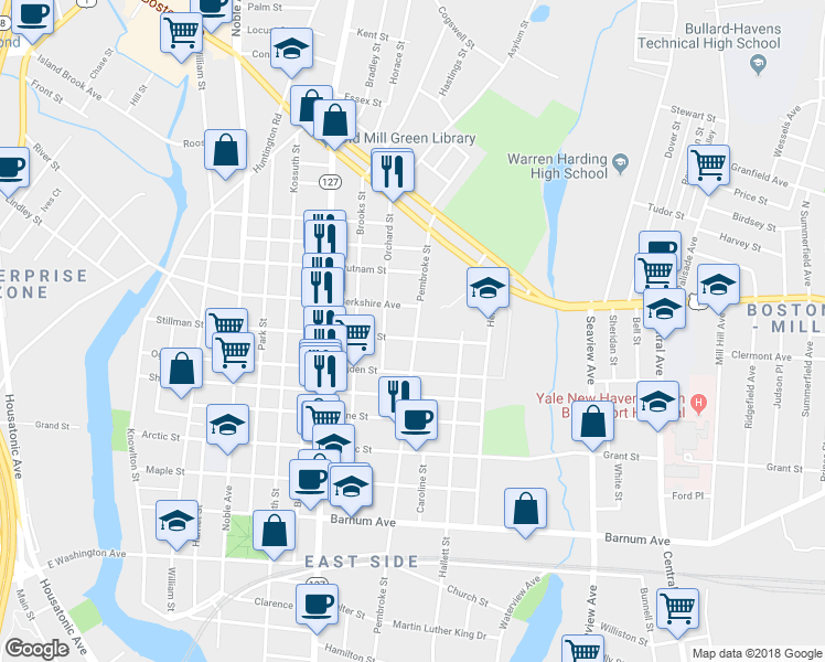 map of restaurants, bars, coffee shops, grocery stores, and more near 508 Berkshire Avenue in Bridgeport