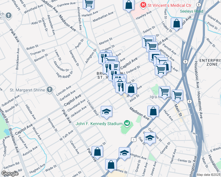 map of restaurants, bars, coffee shops, grocery stores, and more near 39 Cleveland Avenue in Bridgeport