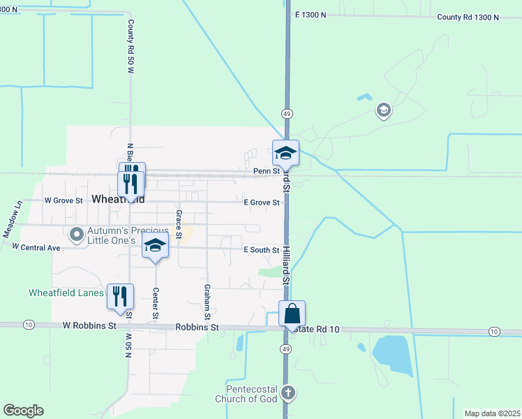 map of restaurants, bars, coffee shops, grocery stores, and more near W Grove St in Wheatfield