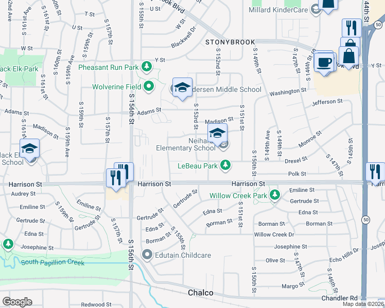 map of restaurants, bars, coffee shops, grocery stores, and more near 6624 South 153rd Street in Omaha