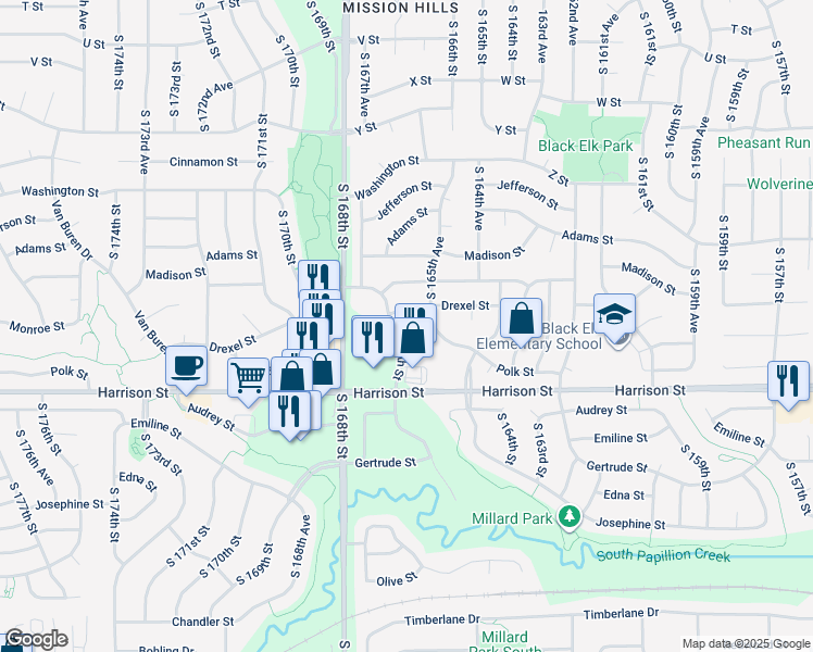 map of restaurants, bars, coffee shops, grocery stores, and more near 16617 Drexel Street in Omaha