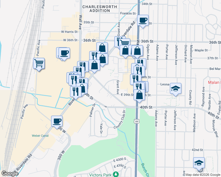map of restaurants, bars, coffee shops, grocery stores, and more near 3874 Childs Avenue in Ogden