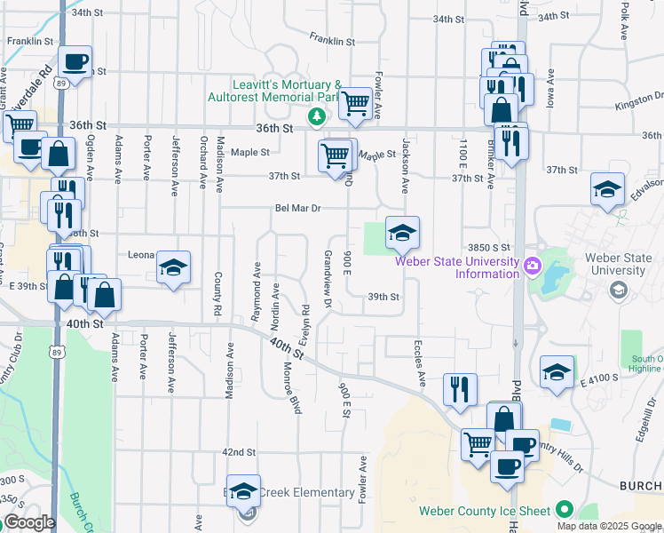 map of restaurants, bars, coffee shops, grocery stores, and more near 3848 Grandview Drive in Ogden