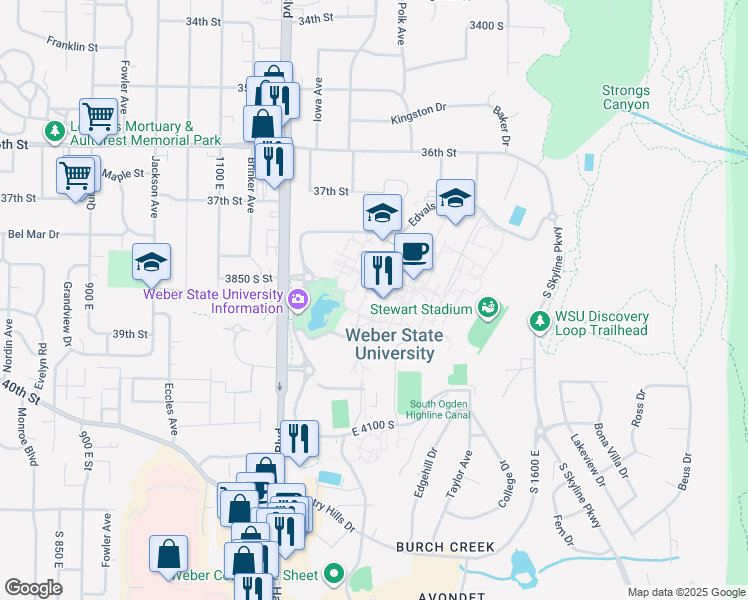 map of restaurants, bars, coffee shops, grocery stores, and more near 3848 Harrison Boulevard in Ogden