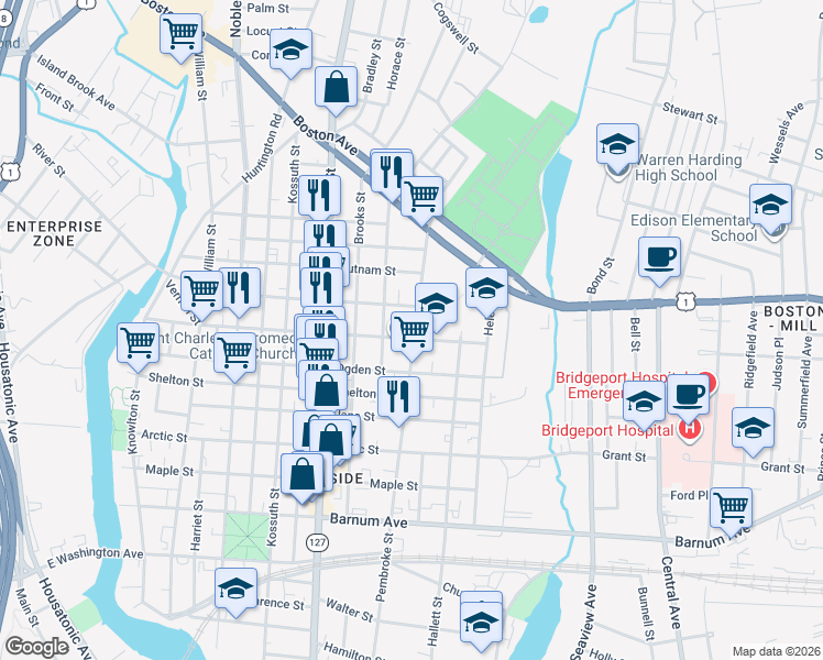 map of restaurants, bars, coffee shops, grocery stores, and more near 508 Berkshire Avenue in Bridgeport