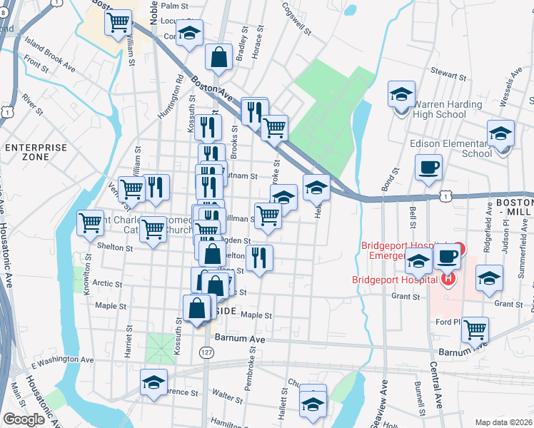 map of restaurants, bars, coffee shops, grocery stores, and more near 508 Berkshire Avenue in Bridgeport