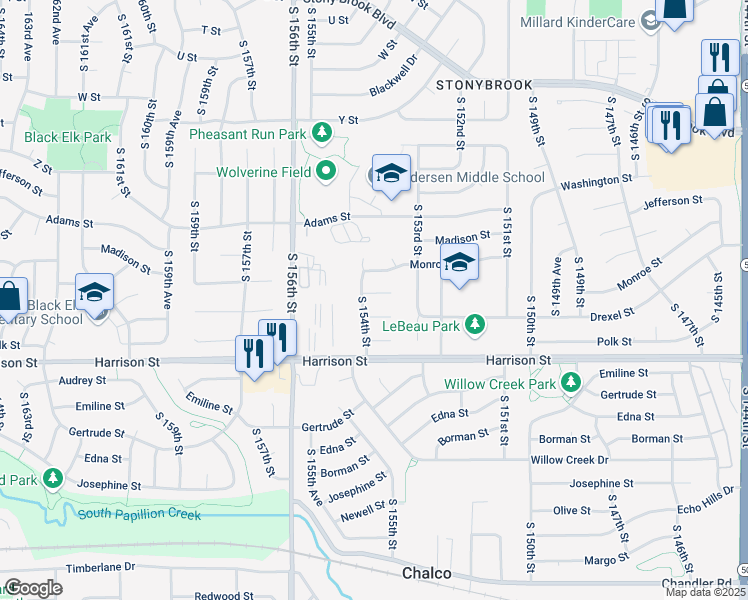 map of restaurants, bars, coffee shops, grocery stores, and more near 15332 Drexel Circle in Omaha