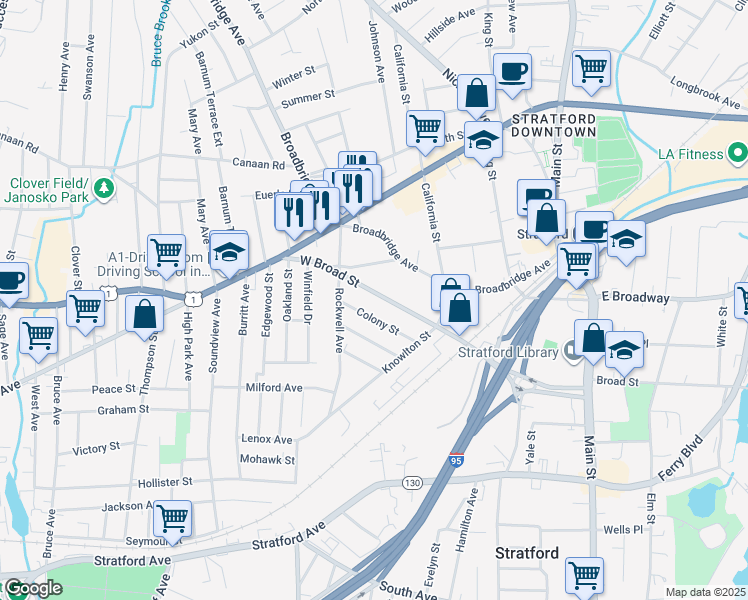 map of restaurants, bars, coffee shops, grocery stores, and more near 1573 West Broad Street in Stratford