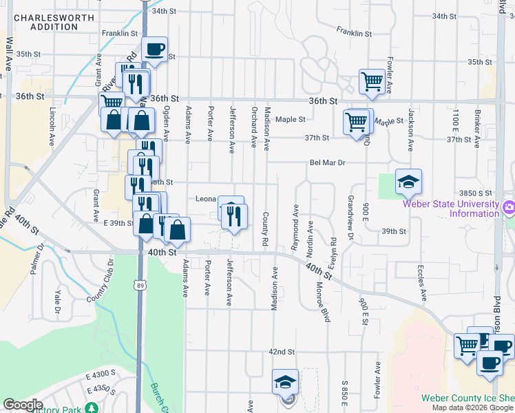 map of restaurants, bars, coffee shops, grocery stores, and more near 3831 Orchard Avenue in Ogden