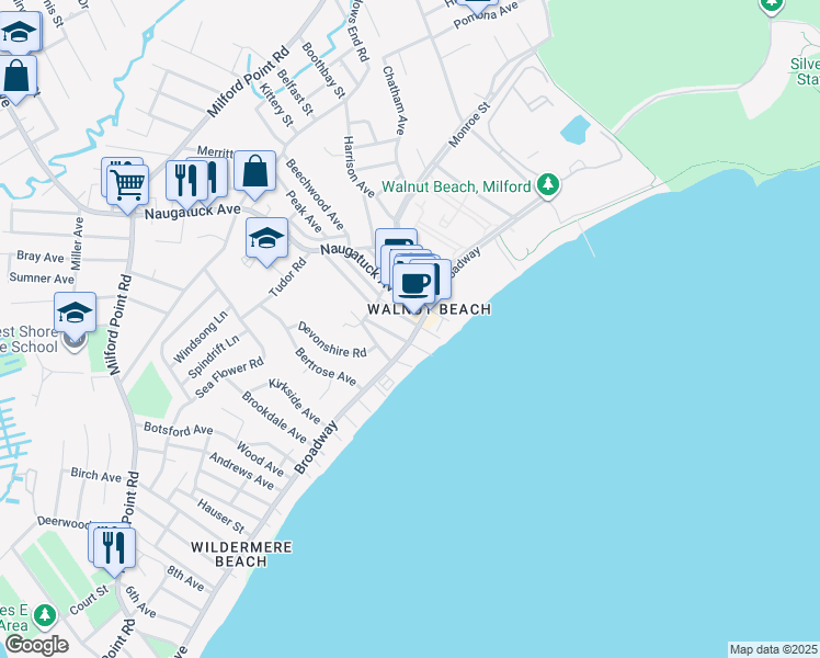 map of restaurants, bars, coffee shops, grocery stores, and more near 44 Park Avenue in Milford