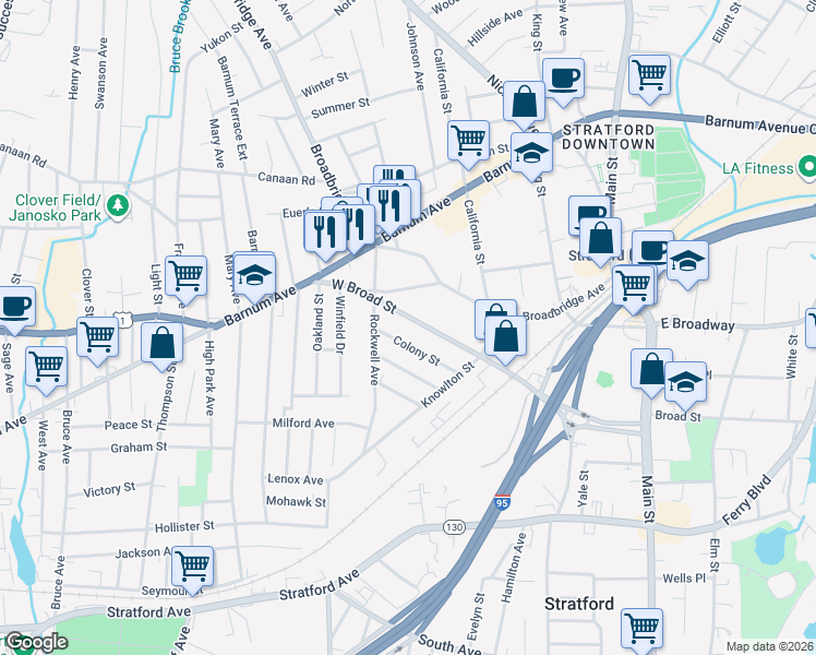 map of restaurants, bars, coffee shops, grocery stores, and more near 1573 West Broad Street in Stratford