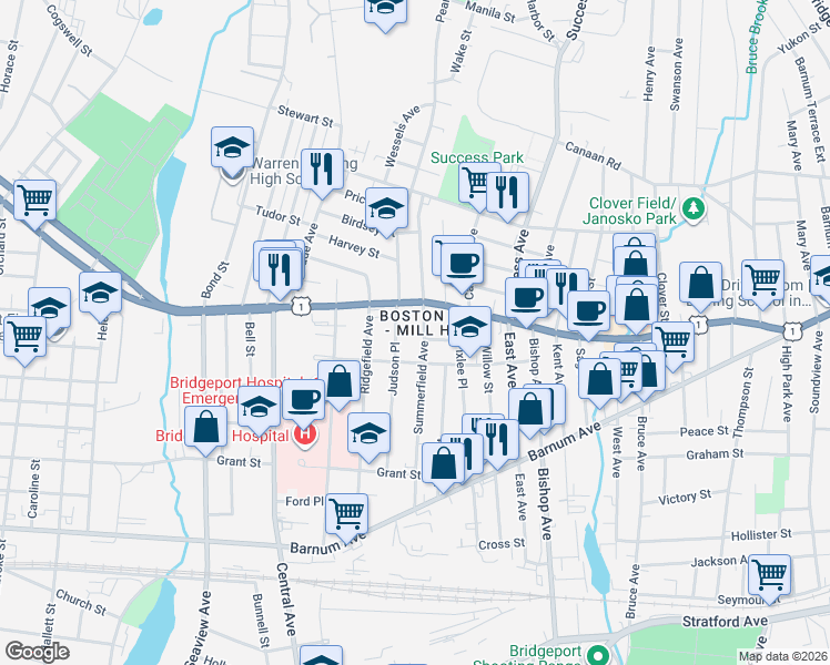 map of restaurants, bars, coffee shops, grocery stores, and more near 314 Judson Place in Bridgeport