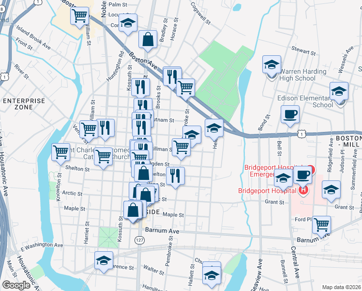map of restaurants, bars, coffee shops, grocery stores, and more near 508 Berkshire Avenue in Bridgeport