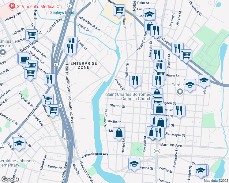 map of restaurants, bars, coffee shops, grocery stores, and more near 85 Stillman Street in Bridgeport