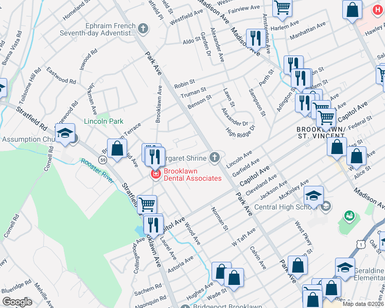 map of restaurants, bars, coffee shops, grocery stores, and more near 66 Suburban Avenue in Bridgeport