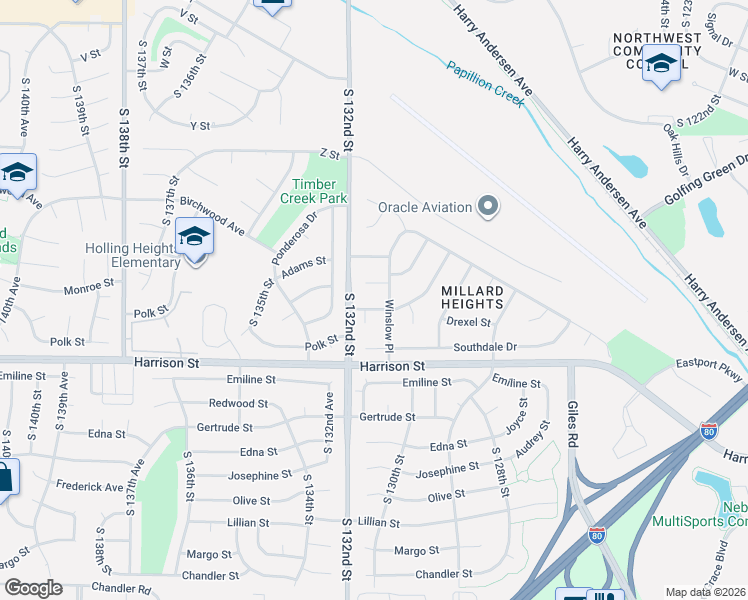 map of restaurants, bars, coffee shops, grocery stores, and more near 13115 Normandy Circle in Omaha