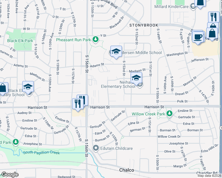 map of restaurants, bars, coffee shops, grocery stores, and more near 15332 Drexel Circle in Omaha