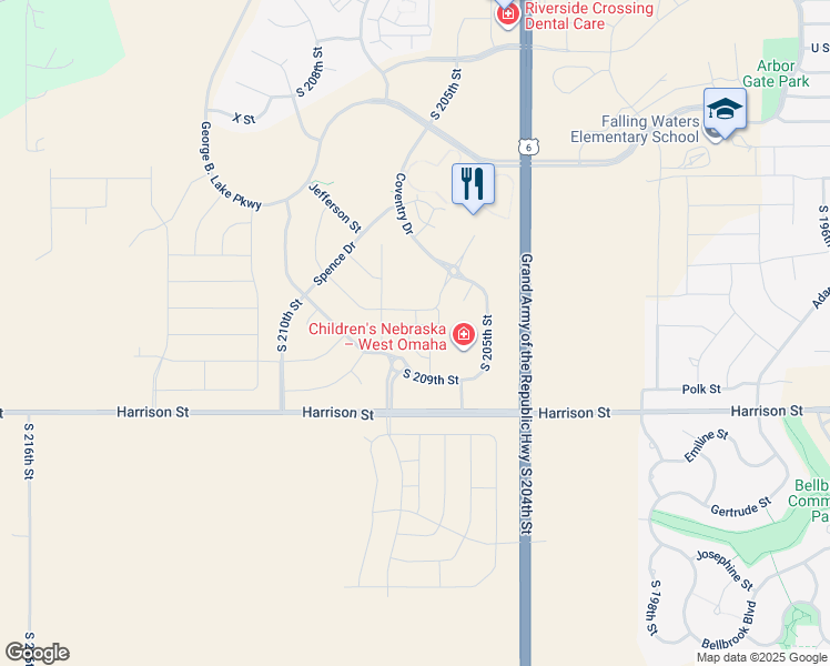 map of restaurants, bars, coffee shops, grocery stores, and more near 20502 Harrison Street in Gretna