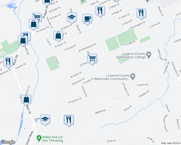 map of restaurants, bars, coffee shops, grocery stores, and more near 1216 South Hanover Street in Nanticoke